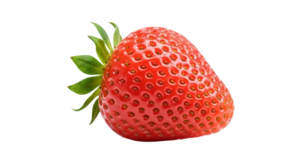 Fresh red strawberry isolated PNG, ripe fruit with green leaves on transparent background, healthy eating and summer harvest