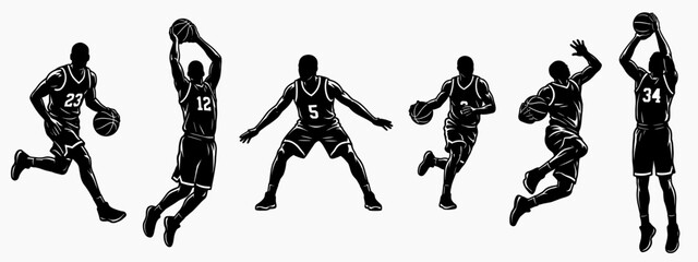 Basketball Player Silhouette Set Showing Dribbling Shooting and Jumping Actions © Dev