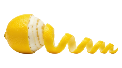 Fresh yellow lemon with spiral peel isolated PNG, citrus fruit on transparent background for cooking and beverage design