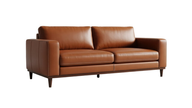 Elegant brown leather two-seater sofa isolated PNG, modern couch for living room interior design and home furniture concepts