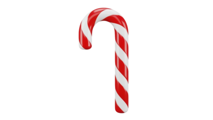 Red and white striped candy cane isolated PNG, traditional Christmas sweet treat for holiday season and festive decorations