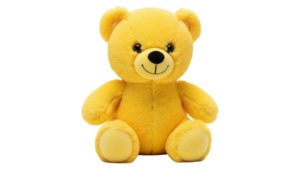 Yellow teddy bear PNG isolated on transparent background, cute plush toy for kids and decoration, soft and cuddly animal