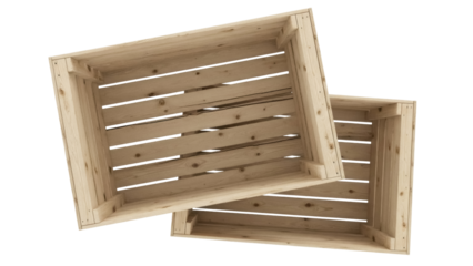 Two wooden crates isolated PNG on transparent background, empty containers for storage and transportation of goods, rustic style
