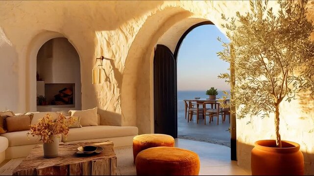 Luxury Mediterranean living room interior with sea view and white cave architecture, boho style home in Santorini Greece during sunset