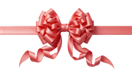 Elegant coral pink satin ribbon bow isolated PNG, decorative gift wrapping element for festive occasions and celebrations on transparent background