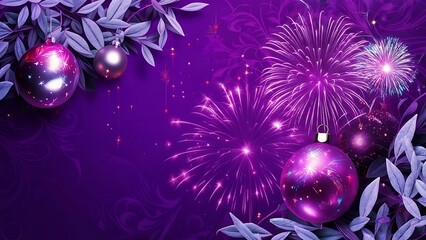 Festive purple scene with ornaments, foliage, and exploding pyrotechnics. Christmas or New Year themed