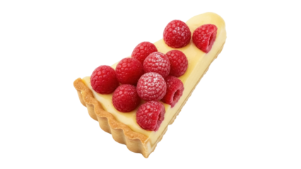 Delicious raspberry tart slice isolated PNG on transparent background, sweet dessert with fresh red berries and creamy filling