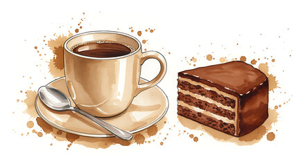 A cup of coffee with chocolate cake