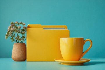 Yellow file folder, coffee mug, and potted plant on a teal surface