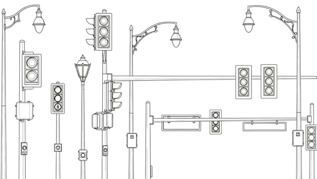 Collection of Traffic Lights and Street Lamps in Outline Design