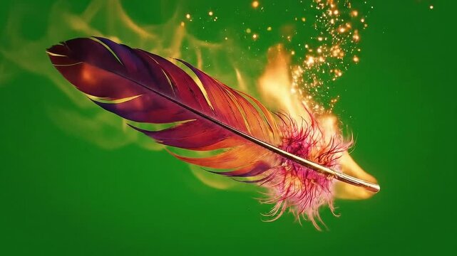 Burning Feather Floating with Sparks on Green Screen Background Animated Stock Footage, Perfect For Compositing and Visual