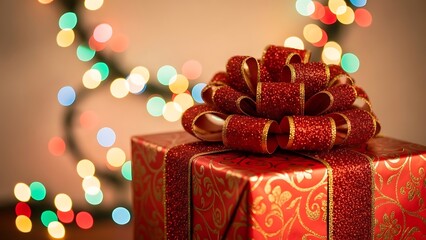 Elegant red Christmas gift box with gold swirl patterns and a large satin bow against warm glowing bokeh lights