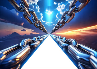 重厚な金属チェーンのクローズアップ つながりと強固な結束を象徴する3Dイメージイラスト