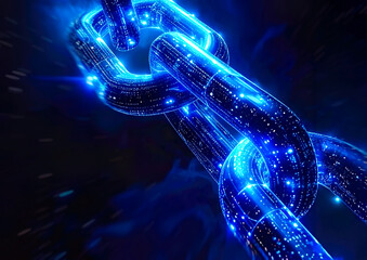 青く発光するデジタルチェーンとネットワーク構造 ブロックチェーンと信頼を象徴する未来的3Dイメージイラスト
