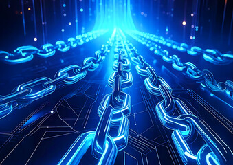 青く発光するデジタルチェーンとネットワーク構造 ブロックチェーンと信頼を象徴する未来的3Dイメージイラスト