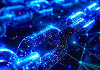 青く発光するデジタルチェーンとネットワーク構造 ブロックチェーンと信頼を象徴する未来的3Dイメージイラスト