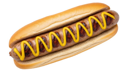 Delicious hot dog with mustard isolated PNG, grilled sausage in a bun for fast food menus and takeout promotions