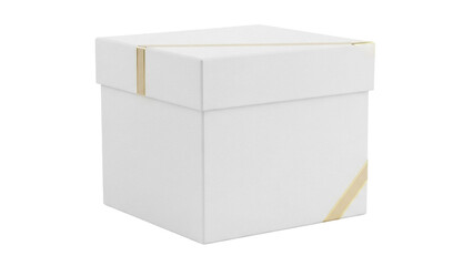Fototapeta premium Elegant white gift box with gold ribbon isolated PNG, present container for birthdays and special occasions on transparent background