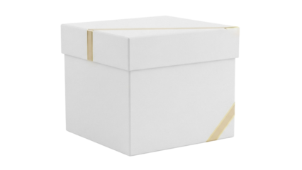 Elegant white gift box with gold ribbon isolated PNG, present container for birthdays and special occasions on transparent background