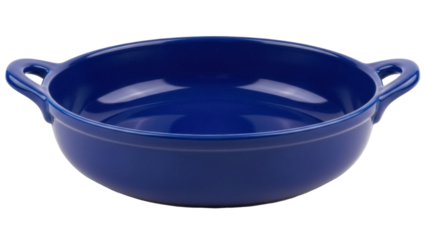 Deep blue ceramic baking dish isolated PNG, oven-safe cookware for cooking and serving casseroles and desserts on transparent background