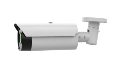Modern white CCTV security camera isolated PNG, surveillance system for safety and protection on transparent background
