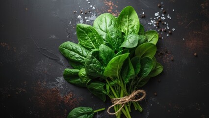Fresh spinach bunch tied with twine on dark textured surface.