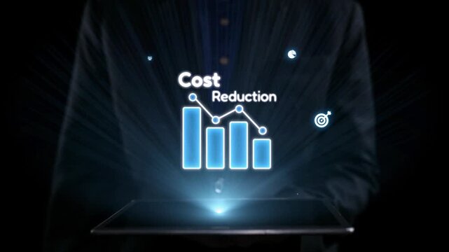 A businessman showcases digital icons representing cost reduction and financial analysis, emphasizing technology role in enhancing business strategy and growth. Qubit