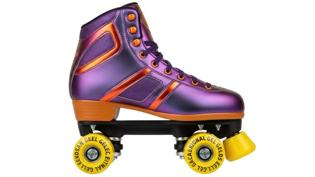 Purple and orange roller skate isolated PNG, retro quad skate with yellow wheels for skating rink and outdoor recreation