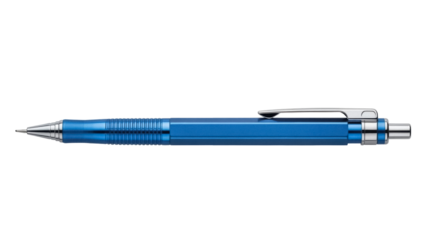 Blue mechanical pencil isolated PNG on transparent background, drafting tool for drawing and sketching with metal clip and tip for precision work