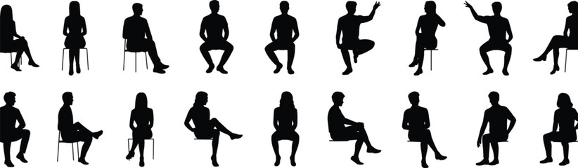 Sitting people silhouette set men and women different chair poses black human figure vector illustration collection