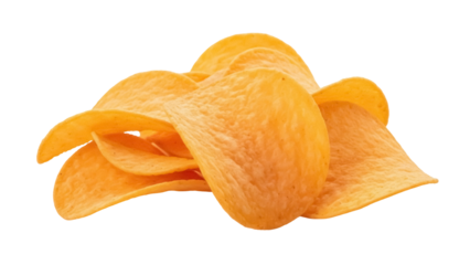 Pile of golden potato chips isolated PNG, crispy snack food on transparent background for junk food and fast food concepts
