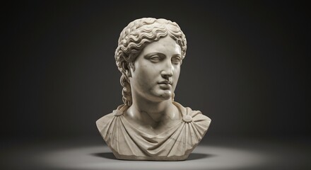 Obraz premium A marble bust of a woman with intricate hair and draped clothing set against a gradient gray backdrop
