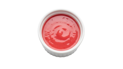 Bowl of vibrant red ketchup isolated PNG on transparent background, condiment for dipping and adding flavor to meals