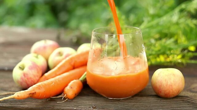 glasses with carrot juice, celery and green apple on the table. Diet, healthy eating, food and weigh loss concept.ai generative
