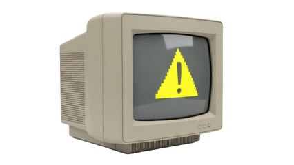 Retro beige CRT monitor with yellow warning sign isolated PNG, vintage computer display on transparent background for graphic design use