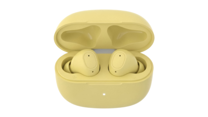 Yellow wireless earbuds in charging case isolated PNG, modern earphones for music listening and hands-free calling on transparent background