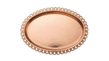 Elegant copper serving tray isolated PNG on transparent background, decorative metal platter for serving food and drinks