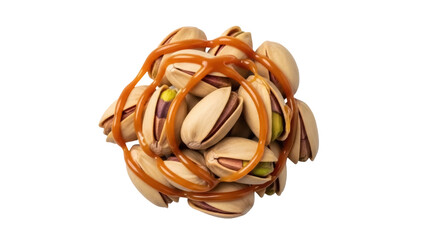 Delicious pistachios with caramel isolated PNG, sweet nuts drizzled with caramel sauce on transparent background, gourmet dessert © ELISA