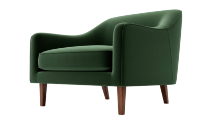 Elegant green armchair isolated PNG, modern upholstered seat with wooden legs for living room furniture and interior design