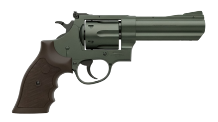 Olive green revolver isolated PNG on transparent background, classic handgun with brown grip for law enforcement and historical reenactment