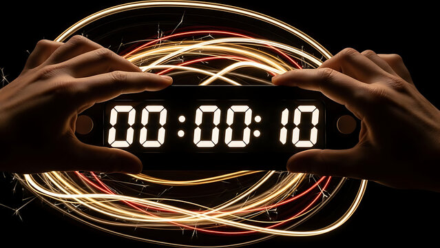 Hands holding a digital timer displaying 000010 with light trails. - Powered by Adobe