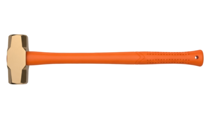 Sledge hammer with orange handle isolated PNG, heavy duty striking tool for demolition and construction work on transparent background