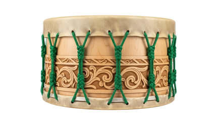 Handmade shamanic drum isolated PNG, traditional musical instrument with green rope and ethnic ornament on transparent background