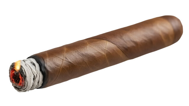 Burning cigar PNG isolated on transparent background, brown tobacco product with smoke and ash for smoking and relaxation
