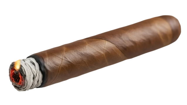 Burning cigar PNG isolated on transparent background, brown tobacco product with smoke and ash for smoking and relaxation - Powered by Adobe