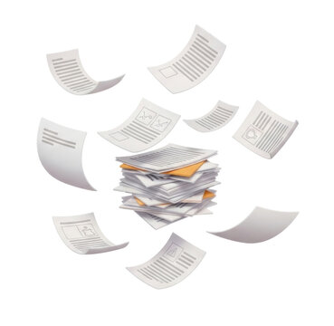 3d cartoon stack of papers and flying papers transparent background cutout png