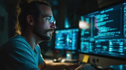 Focused Engineer Coding at Workstation with Cinematic Lighting