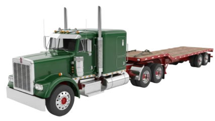 Green Kenworth semi-truck with flatbed trailer isolated PNG, classic American big rig for transportation and logistics on transparent background