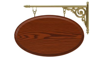 Wooden oval sign with gold ornate bracket isolated PNG, vintage style pub or restaurant signage on transparent background