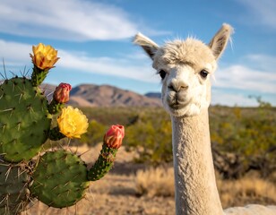 Naklejka premium White alpaca stands near cactus with vibrant yellow flowers, sunny day